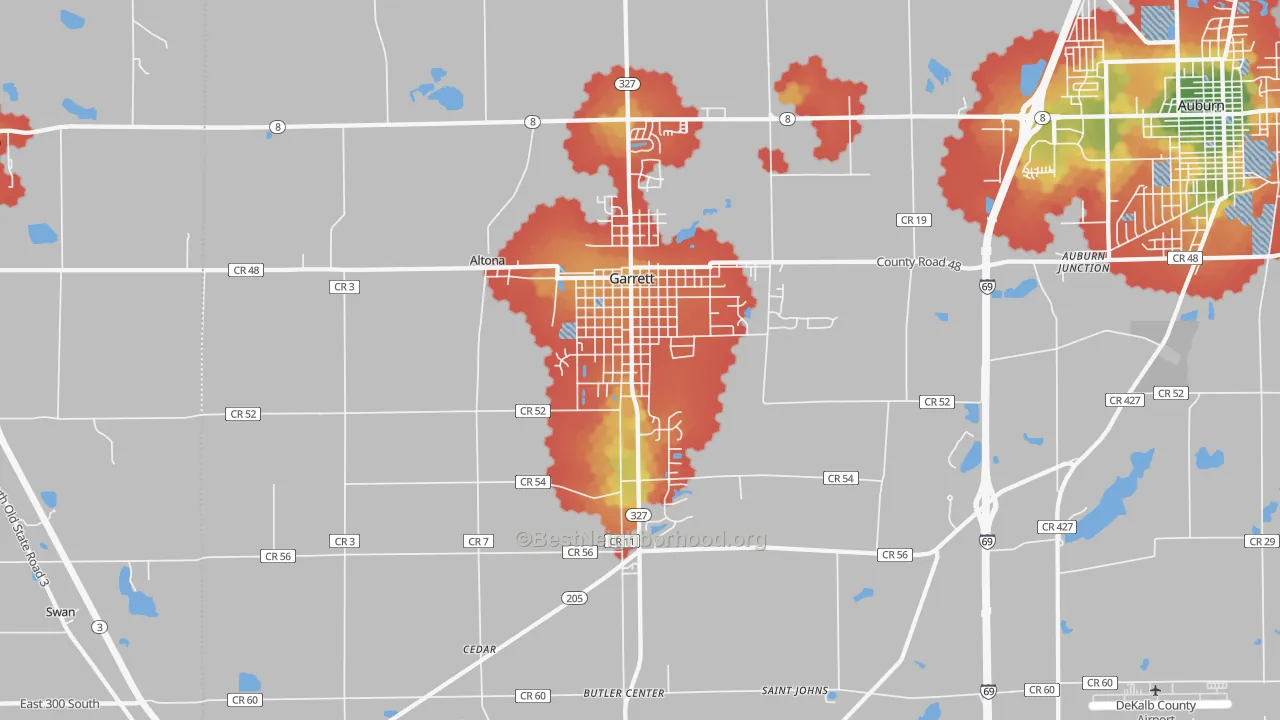 Walk Grade map of 46738, IN, walkable areas in green and car-dependent areas in red