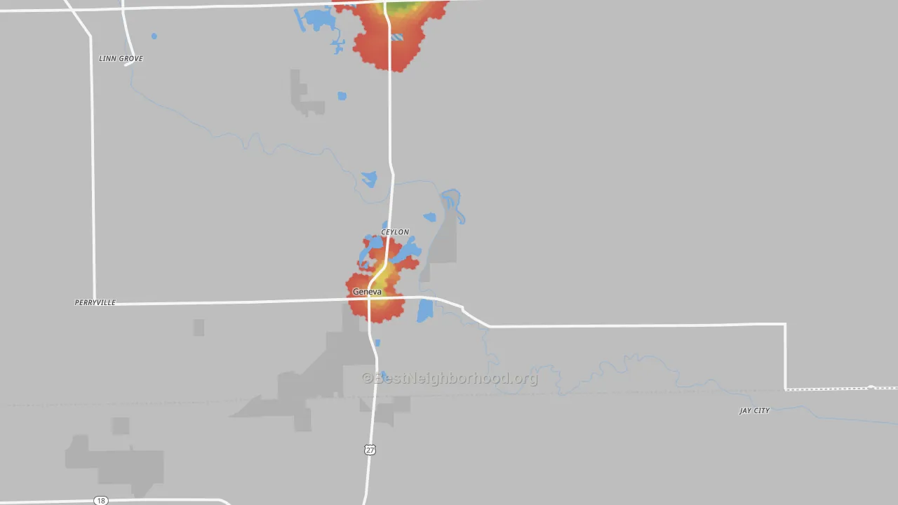 Walk Grade map of 46740, IN, walkable areas in green and car-dependent areas in red