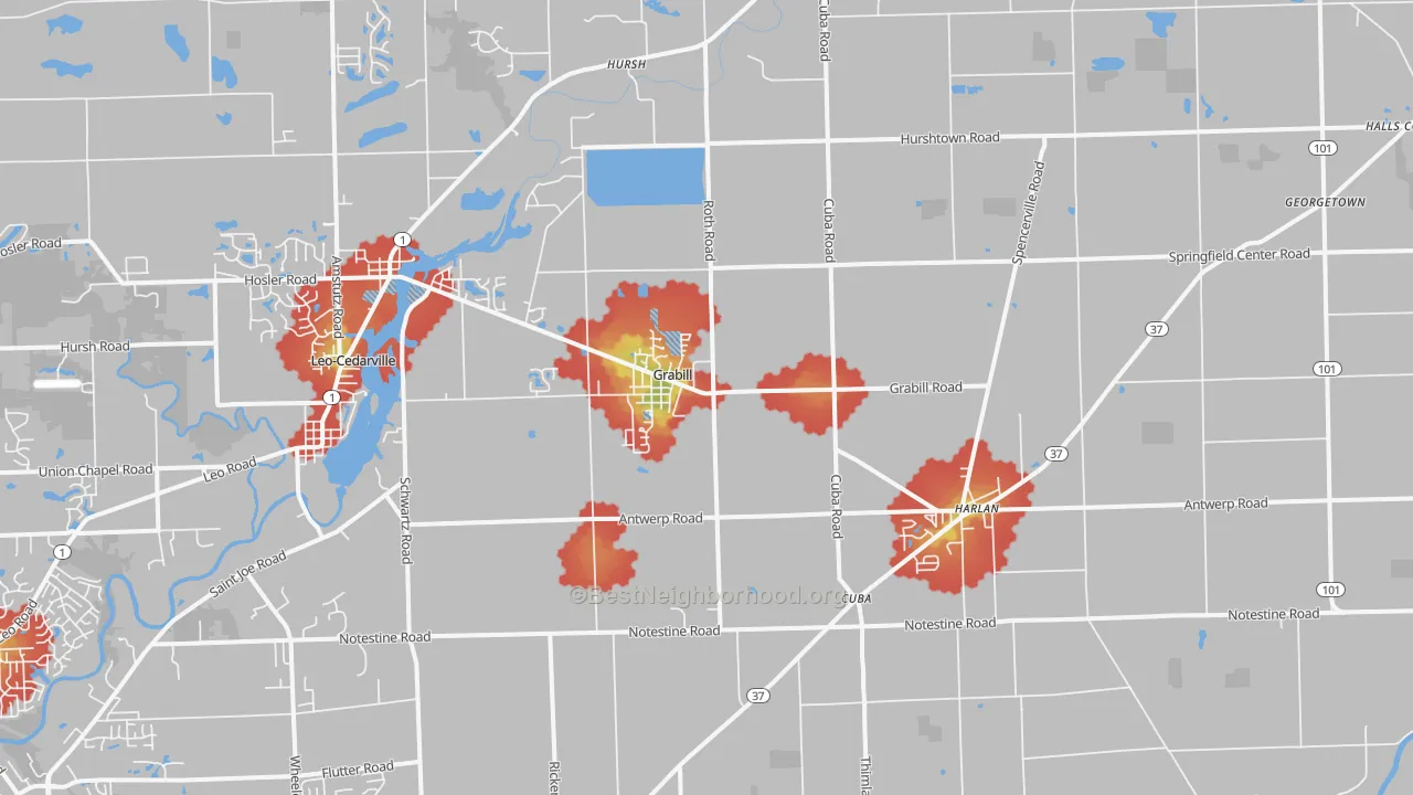 Walk Grade map of 46741, IN, walkable areas in green and car-dependent areas in red