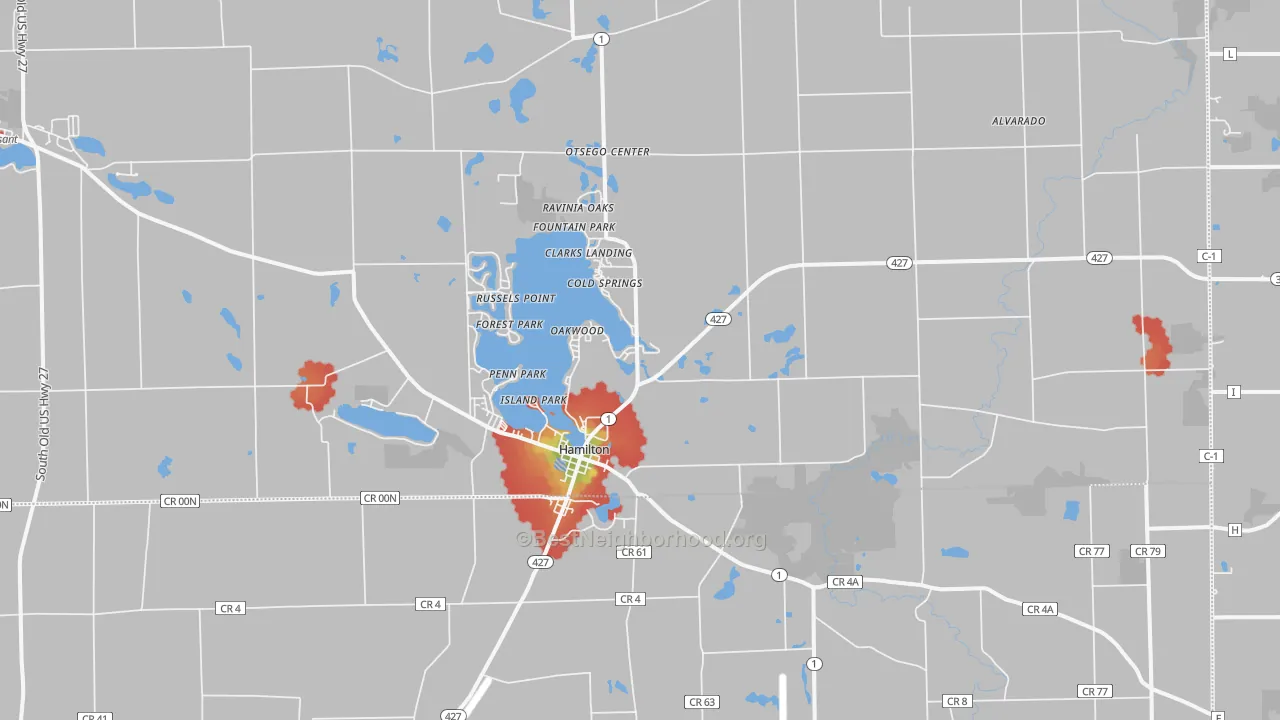 Walk Grade map of 46742, IN, walkable areas in green and car-dependent areas in red