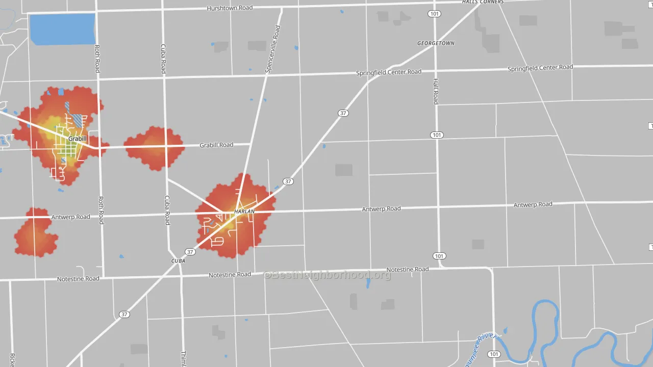 Walk Grade map of 46743, IN, walkable areas in green and car-dependent areas in red