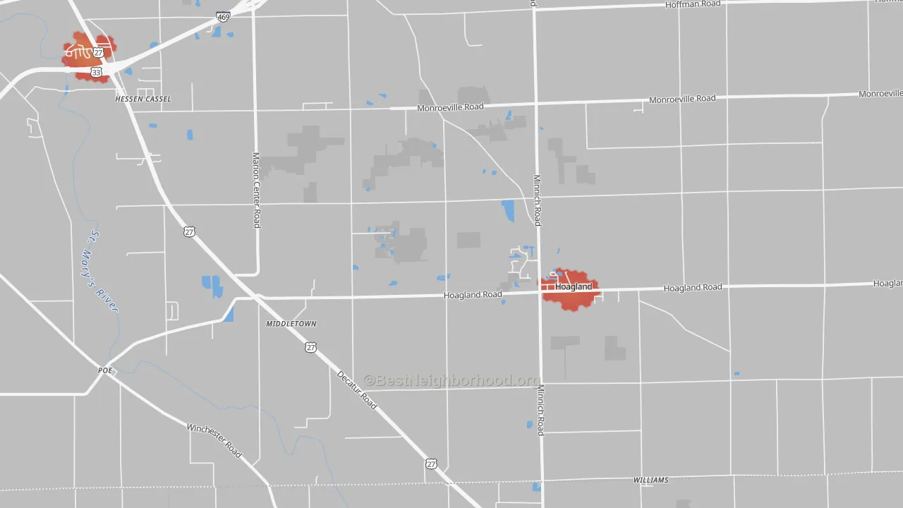 Walk Grade map of 46745, IN, walkable areas in green and car-dependent areas in red