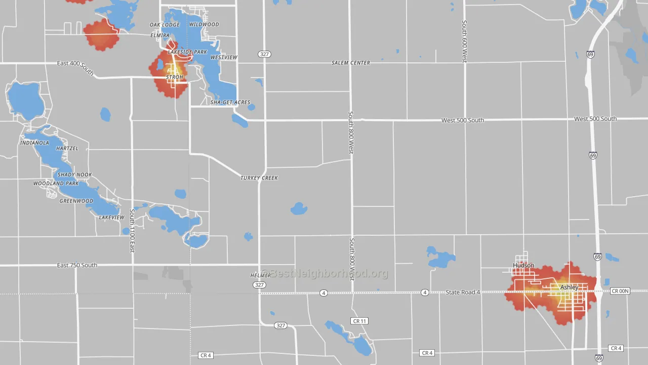 Walk Grade map of 46747, IN, walkable areas in green and car-dependent areas in red