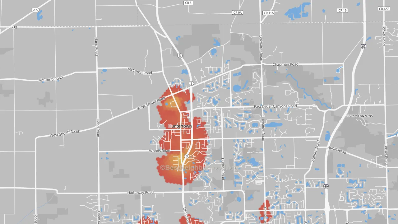 Walk Grade map of 46748, IN, walkable areas in green and car-dependent areas in red