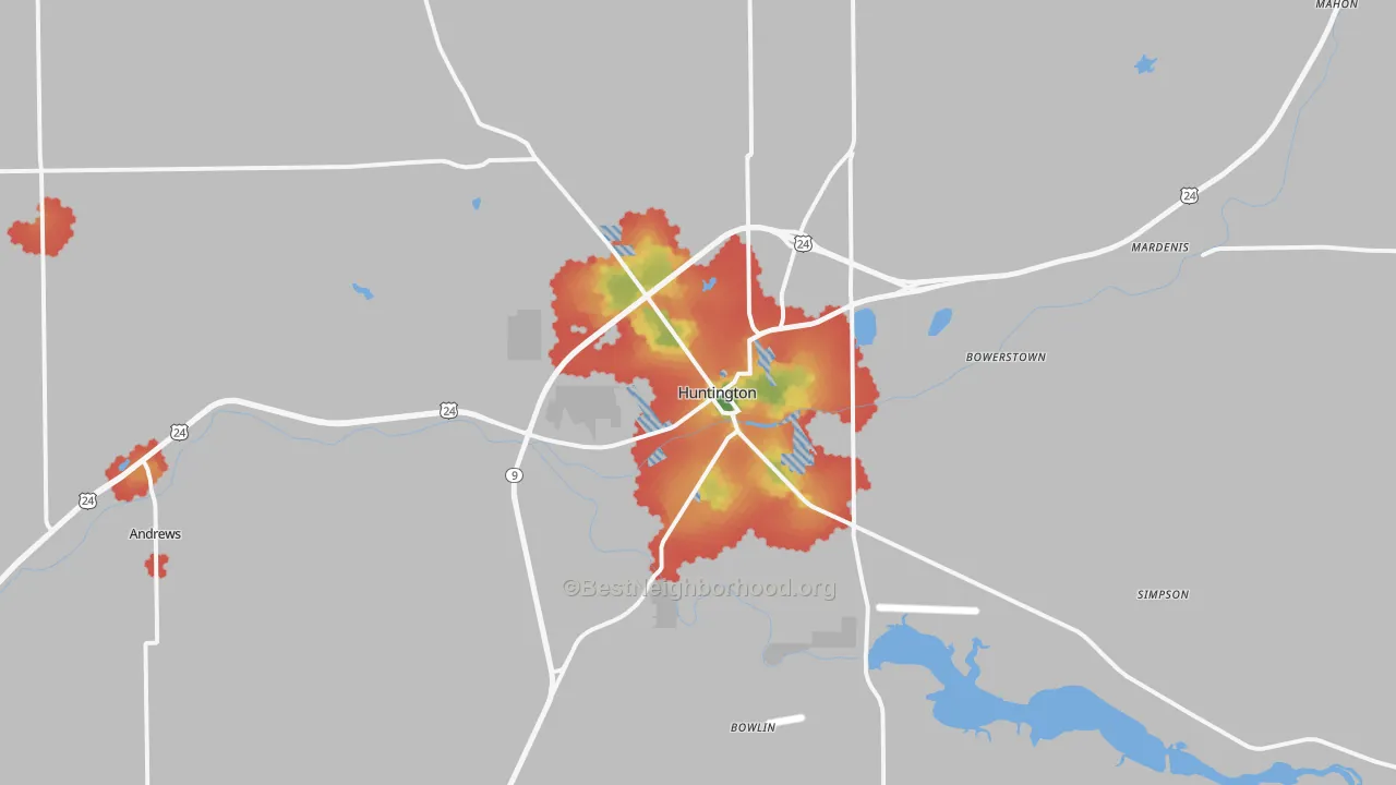 Walk Grade map of 46750, IN, walkable areas in green and car-dependent areas in red