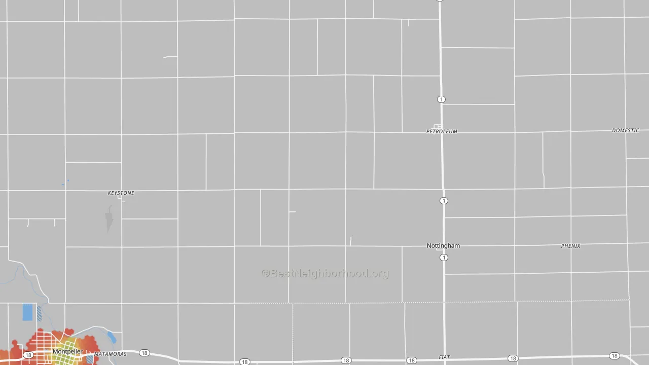 Walk Grade map of 46759, IN, walkable areas in green and car-dependent areas in red
