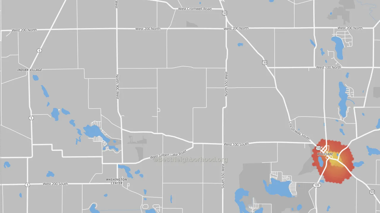 Walk Grade map of 46760, IN, walkable areas in green and car-dependent areas in red