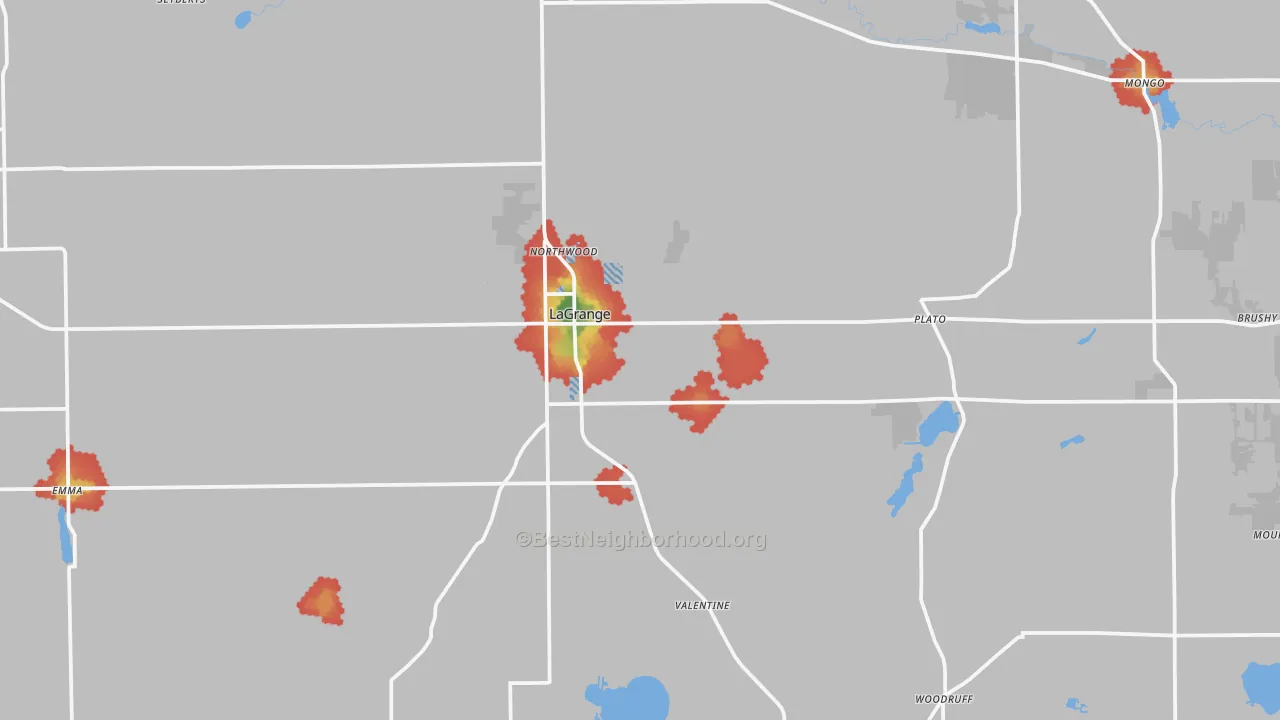 Walk Grade map of 46761, IN, walkable areas in green and car-dependent areas in red