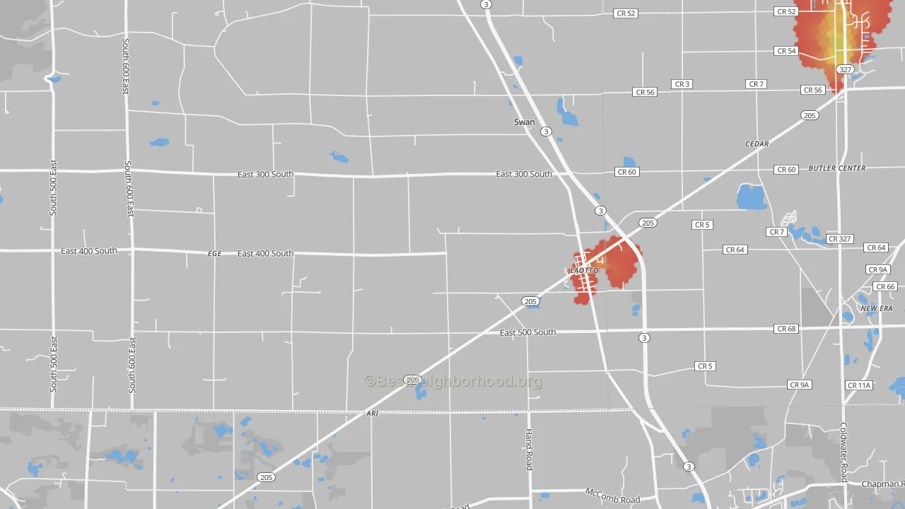Walk Grade map of 46763, IN, walkable areas in green and car-dependent areas in red