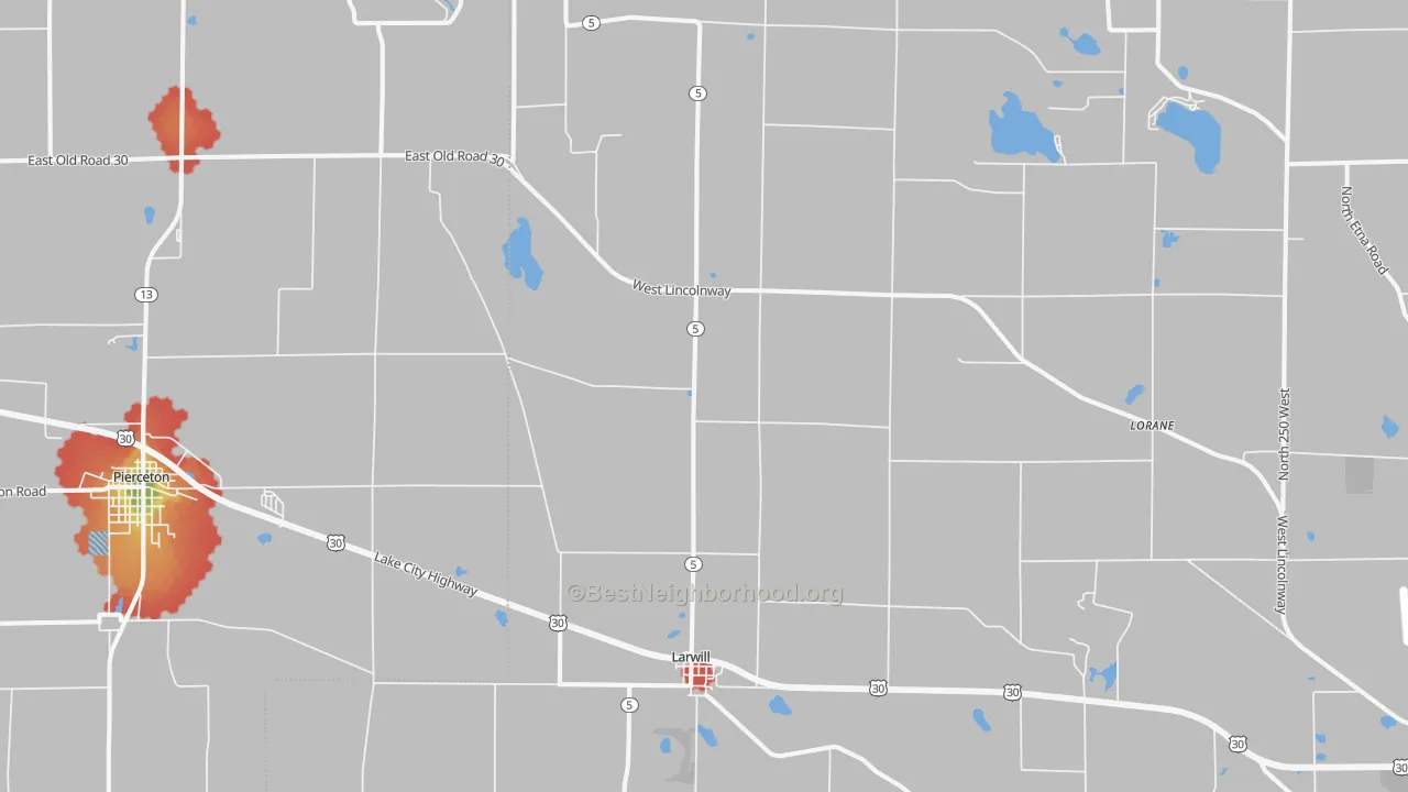 Walk Grade map of 46764, IN, walkable areas in green and car-dependent areas in red