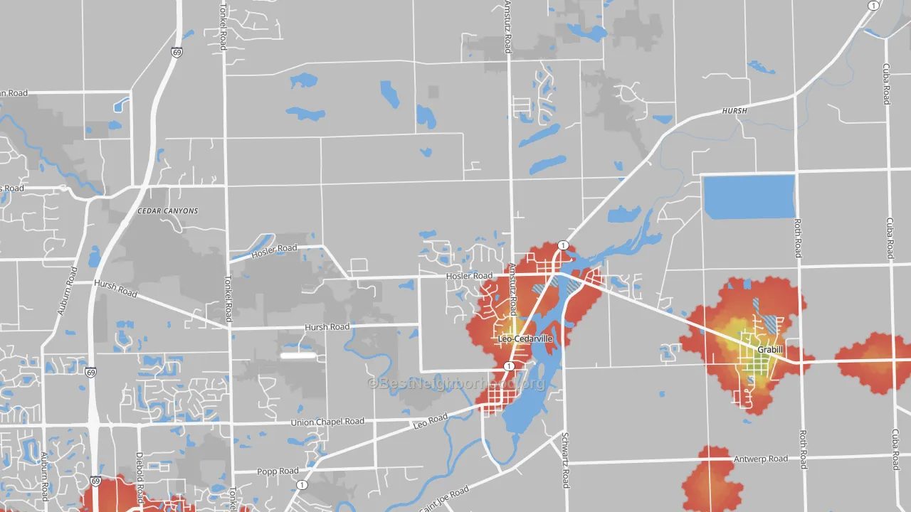 Walk Grade map of 46765, IN, walkable areas in green and car-dependent areas in red