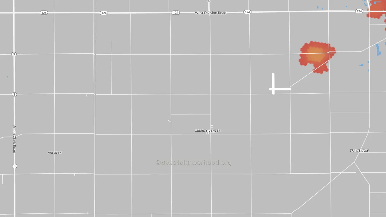 Walk Grade map of 46766, IN, walkable areas in green and car-dependent areas in red