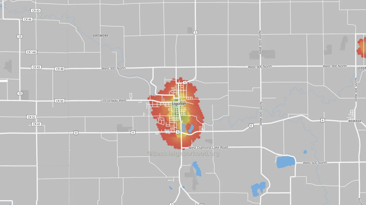Walk Grade map of 46767, IN, walkable areas in green and car-dependent areas in red