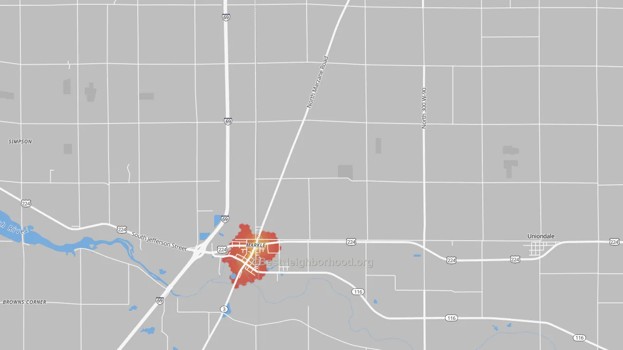 Walk Grade map of 46770, IN, walkable areas in green and car-dependent areas in red