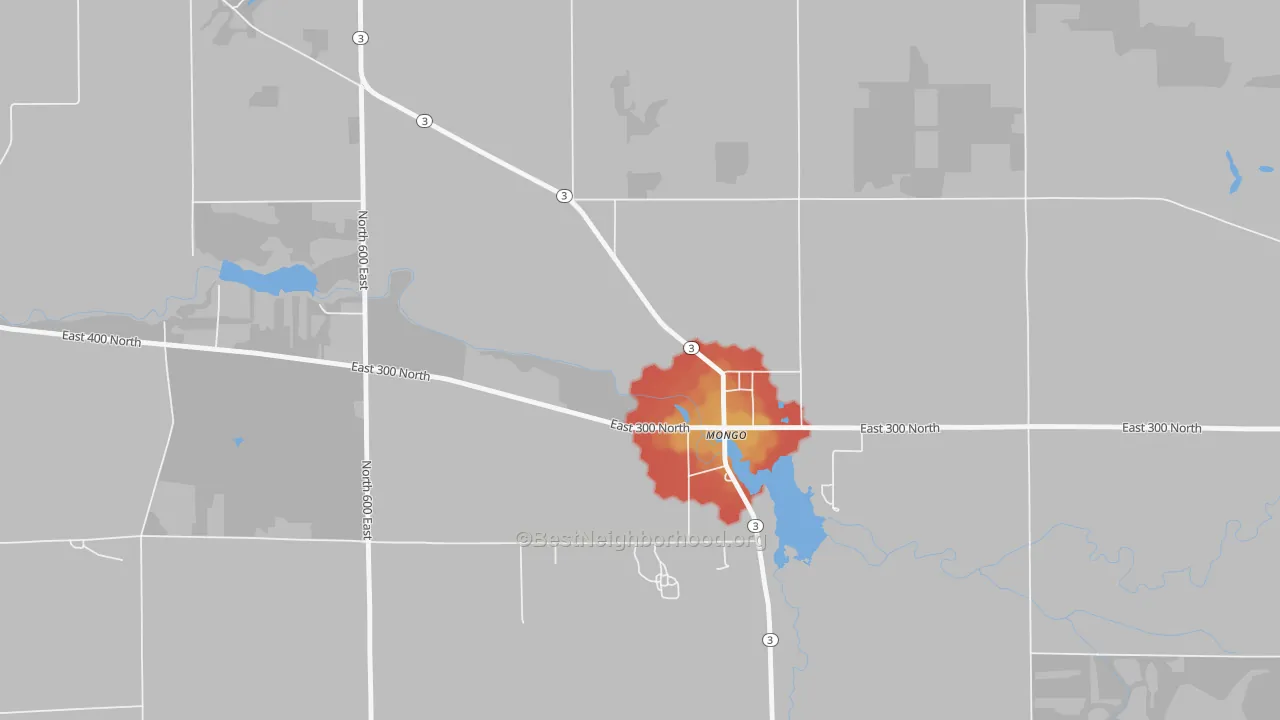 Walk Grade map of 46771, IN, walkable areas in green and car-dependent areas in red