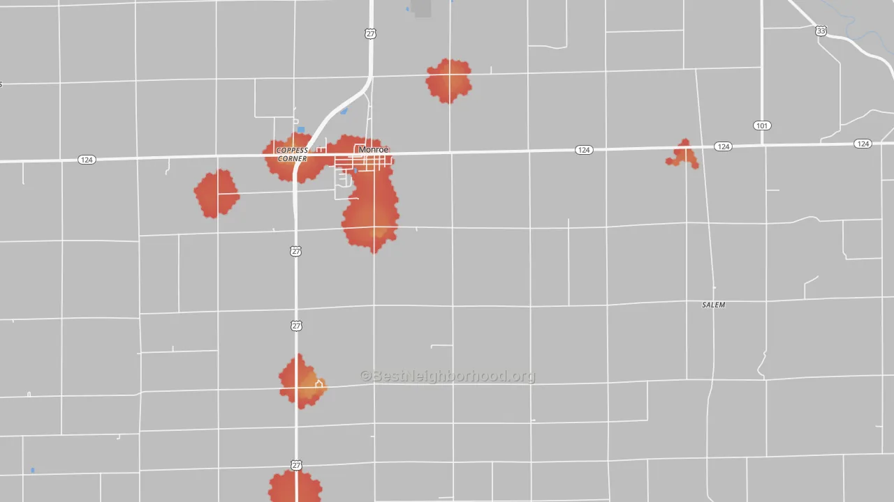 Walk Grade map of 46772, IN, walkable areas in green and car-dependent areas in red
