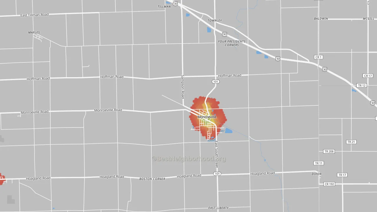 Walk Grade map of 46773, IN, walkable areas in green and car-dependent areas in red