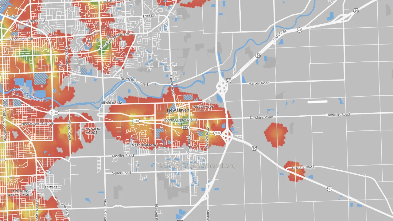 Walk Grade map of 46774, IN, walkable areas in green and car-dependent areas in red