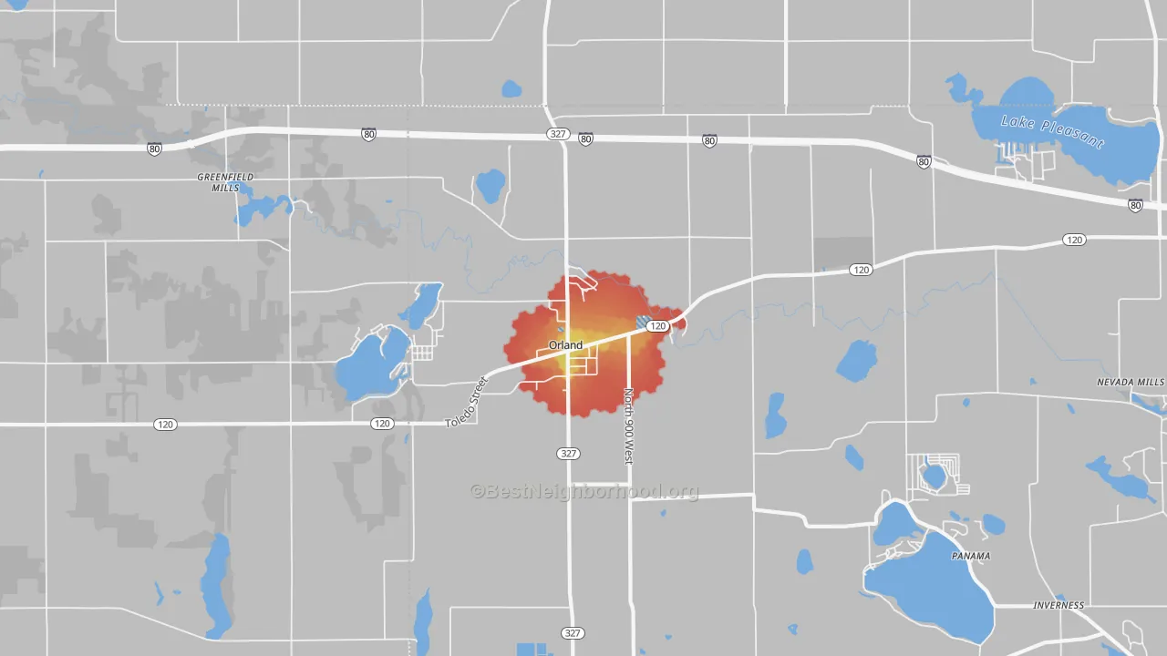 Walk Grade map of 46776, IN, walkable areas in green and car-dependent areas in red