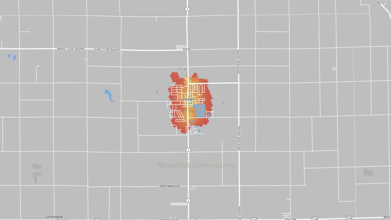 Walk Grade map of 46777, IN, walkable areas in green and car-dependent areas in red