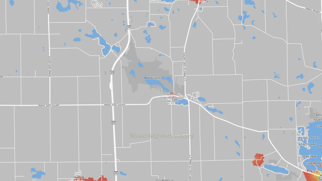 Walk Grade map of 46779, IN, walkable areas in green and car-dependent areas in red