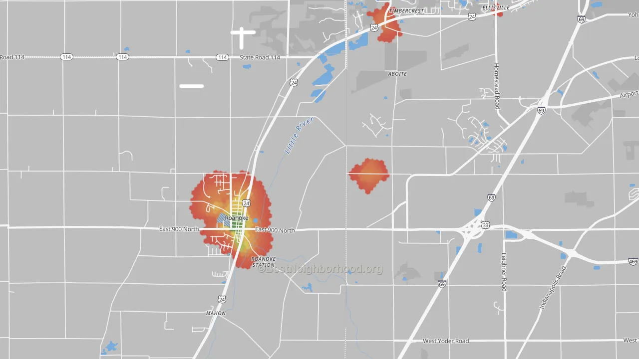 Walk Grade map of 46783, IN, walkable areas in green and car-dependent areas in red