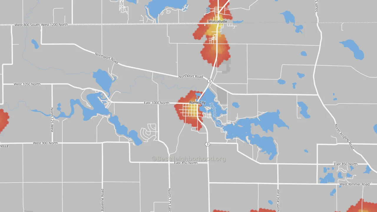 Walk Grade map of 46784, IN, walkable areas in green and car-dependent areas in red
