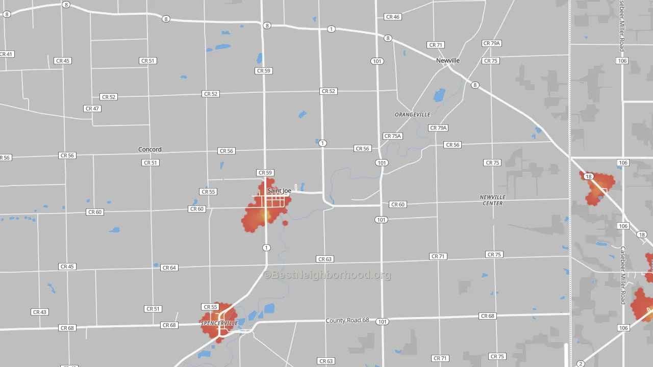 Walk Grade map of 46785, IN, walkable areas in green and car-dependent areas in red