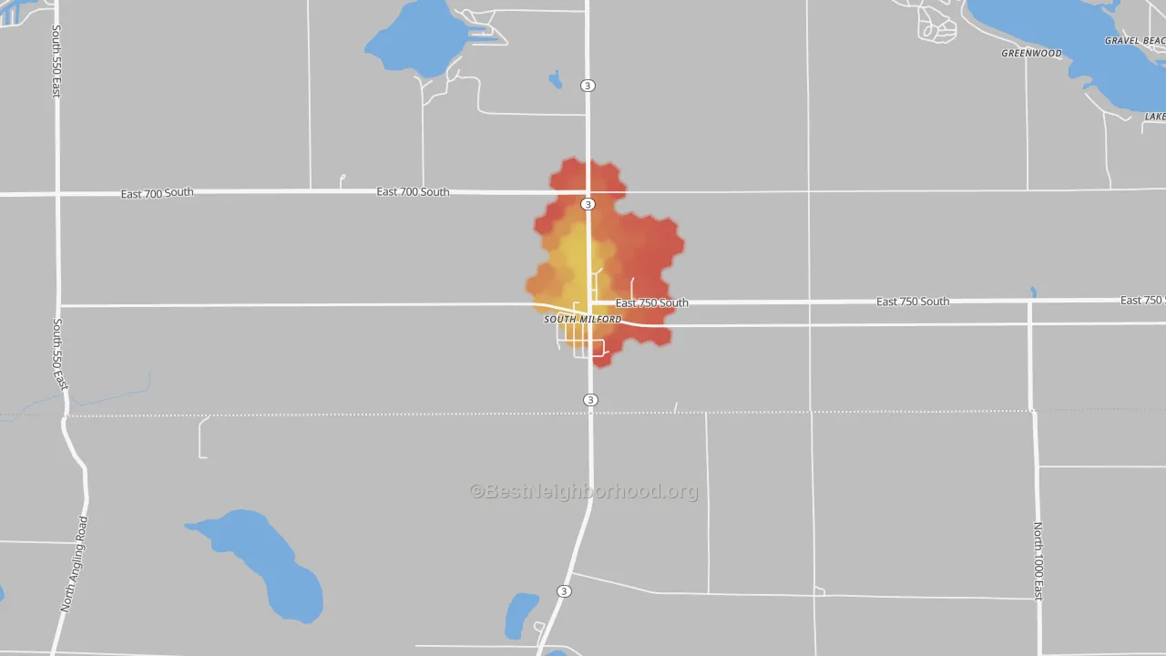 Walk Grade map of 46786, IN, walkable areas in green and car-dependent areas in red