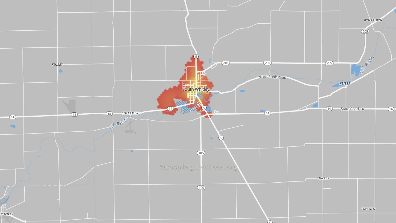 Walk Grade map of 46787, IN, walkable areas in green and car-dependent areas in red