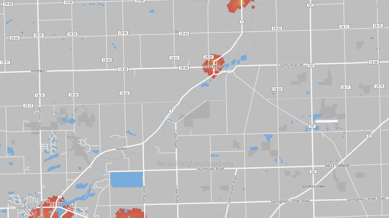 Walk Grade map of 46788, IN, walkable areas in green and car-dependent areas in red