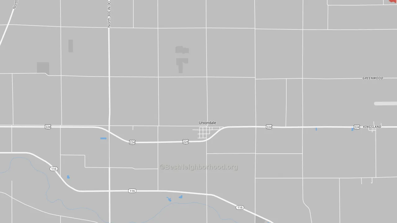 Walk Grade map of 46791, IN, walkable areas in green and car-dependent areas in red