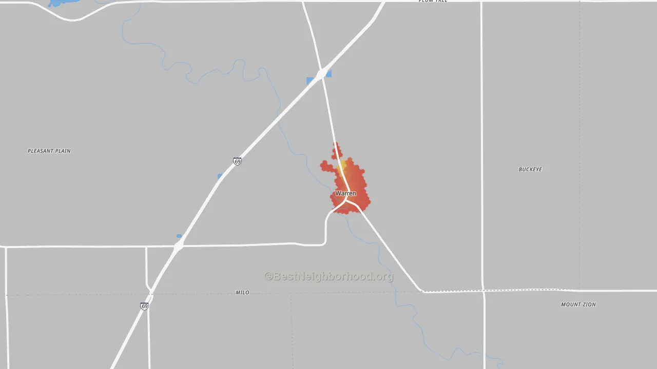 Walk Grade map of 46792, IN, walkable areas in green and car-dependent areas in red