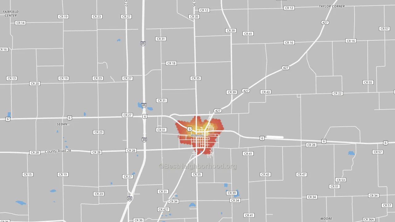 Walk Grade map of 46793, IN, walkable areas in green and car-dependent areas in red