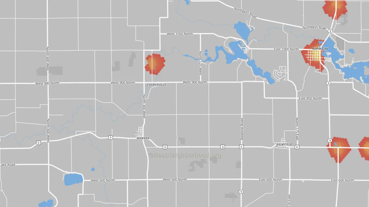 Walk Grade map of 46794, IN, walkable areas in green and car-dependent areas in red