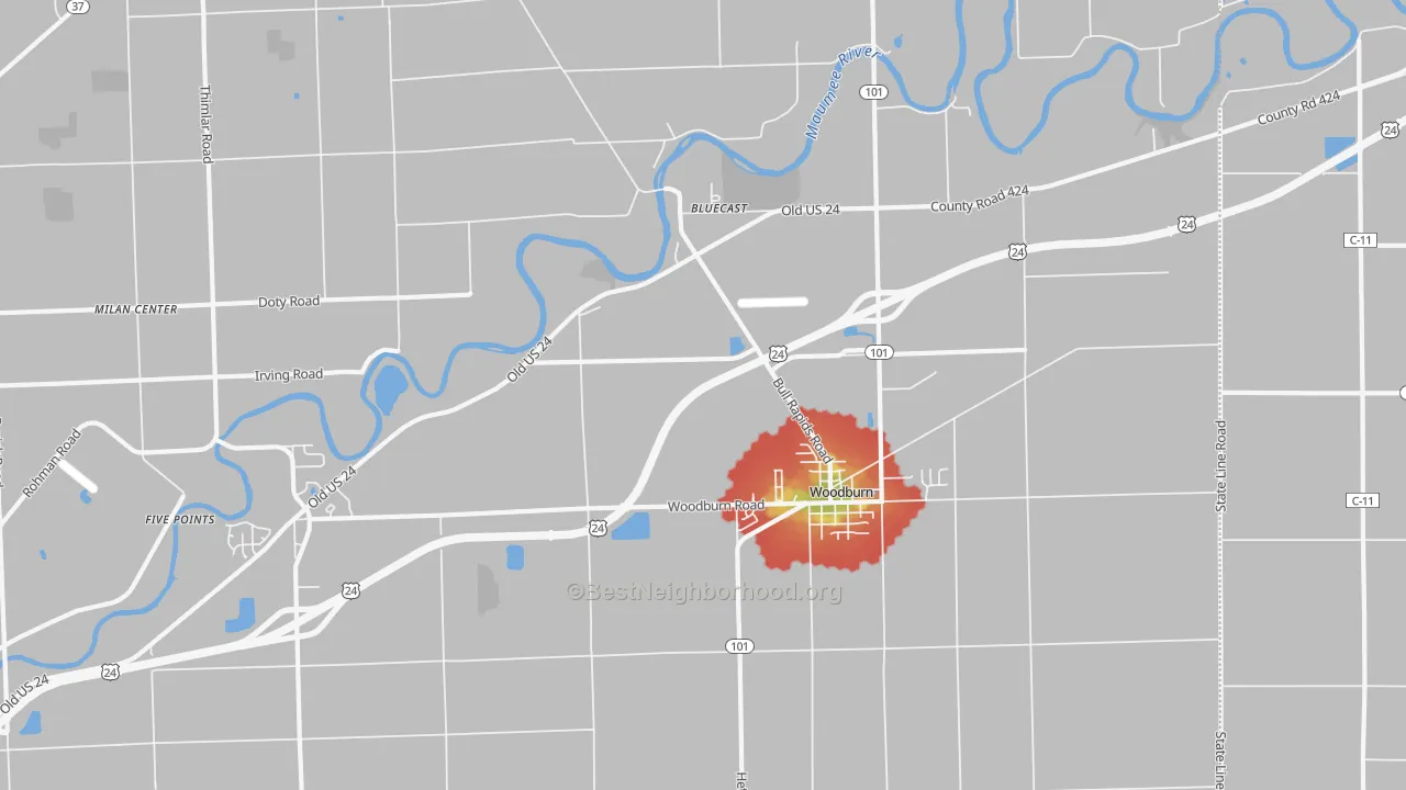 Walk Grade map of 46797, IN, walkable areas in green and car-dependent areas in red