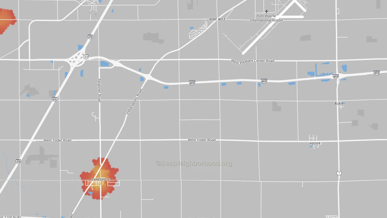 Walk Grade map of 46798, IN, walkable areas in green and car-dependent areas in red