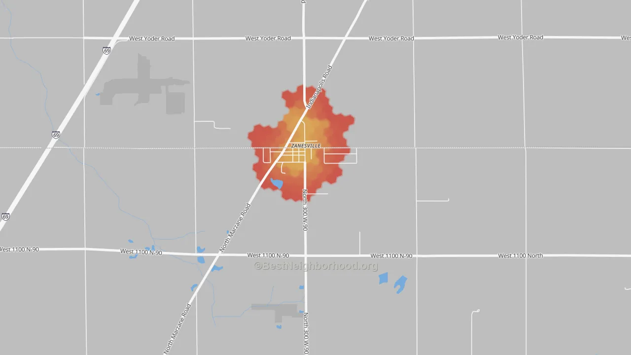 Walk Grade map of 46799, IN, walkable areas in green and car-dependent areas in red