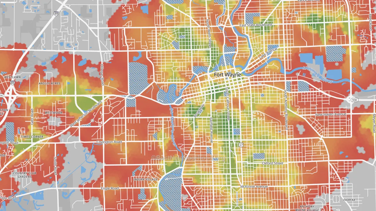 Walk Grade map of 46802, IN, walkable areas in green and car-dependent areas in red
