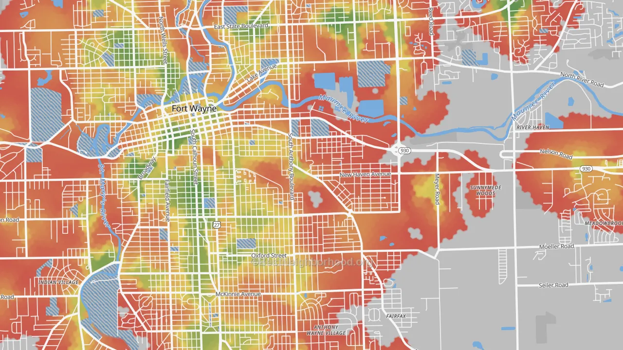 Walk Grade map of 46803, IN, walkable areas in green and car-dependent areas in red