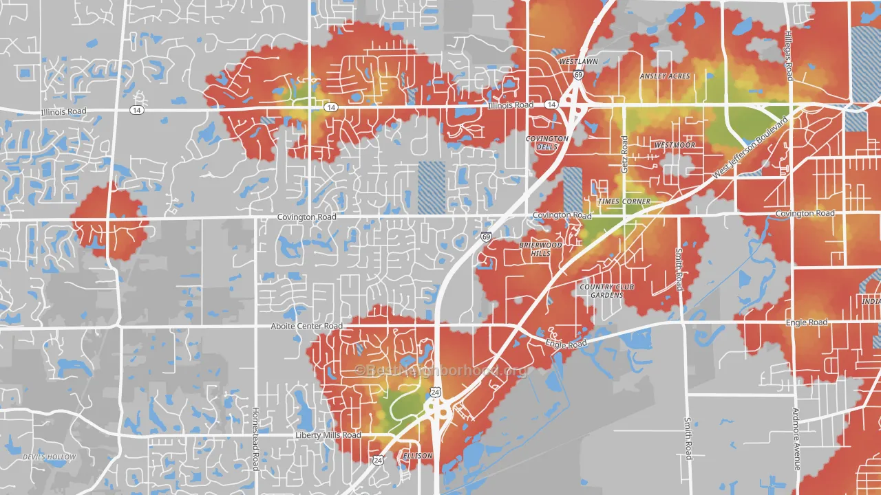 Walk Grade map of 46804, IN, walkable areas in green and car-dependent areas in red