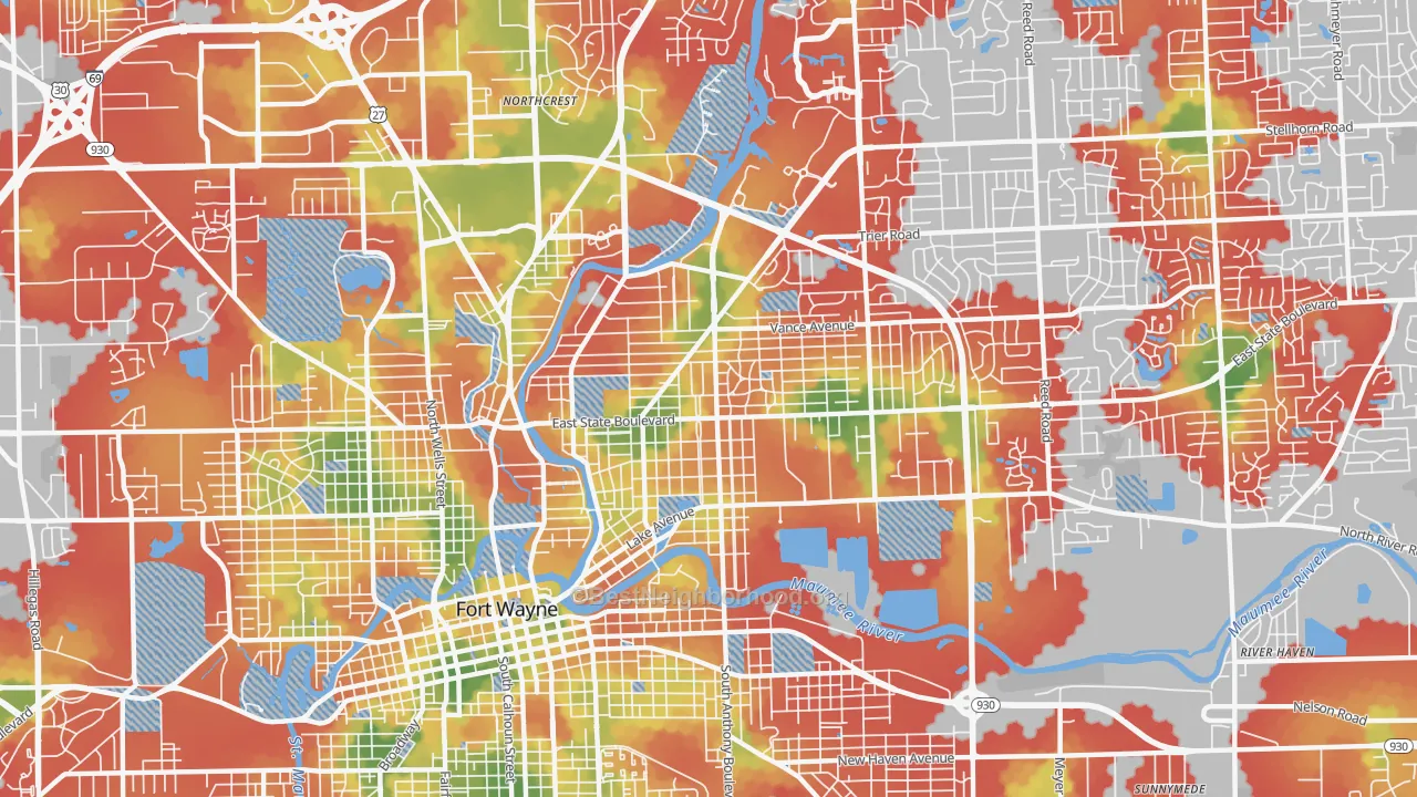 Walk Grade map of 46805, IN, walkable areas in green and car-dependent areas in red