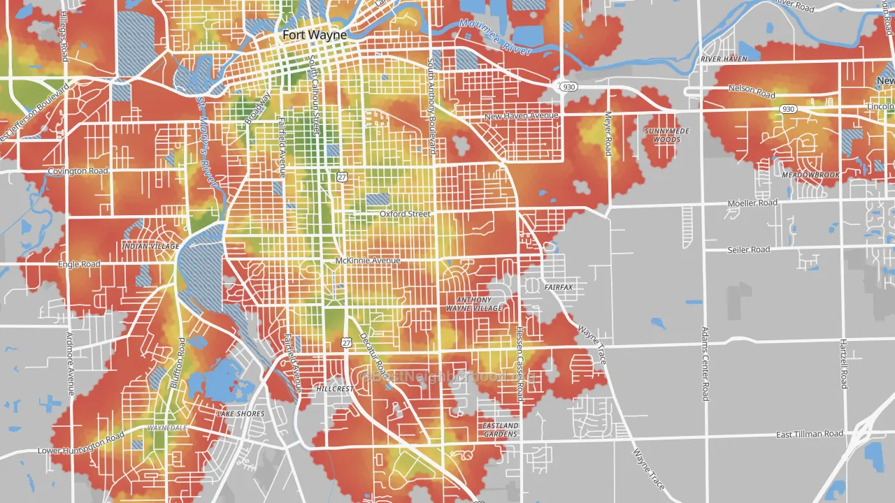 Walk Grade map of 46806, IN, walkable areas in green and car-dependent areas in red