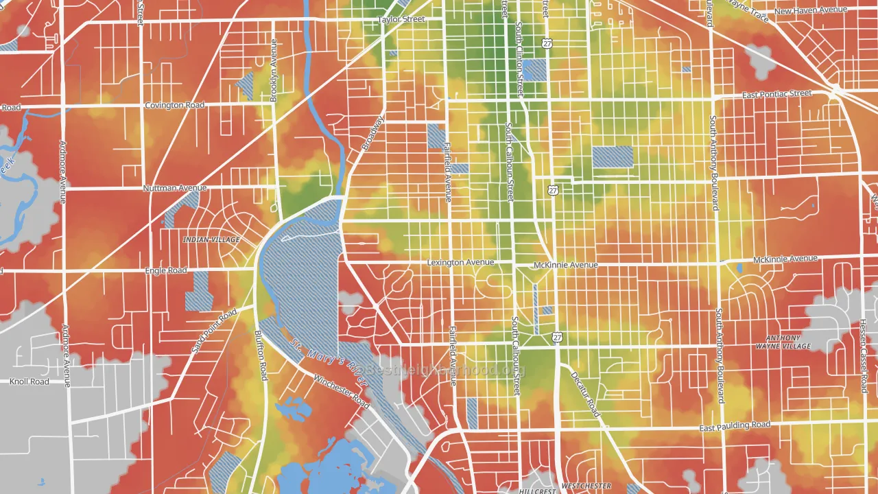 Walk Grade map of 46807, IN, walkable areas in green and car-dependent areas in red