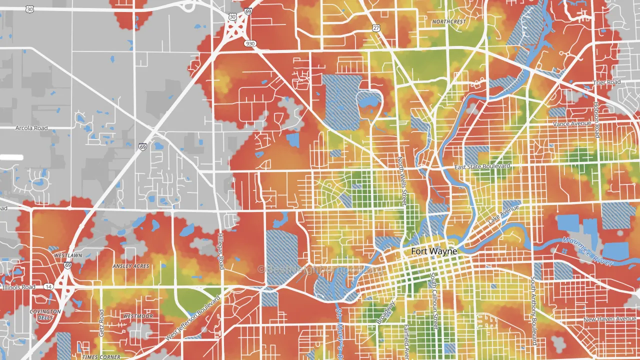 Walk Grade map of 46808, IN, walkable areas in green and car-dependent areas in red