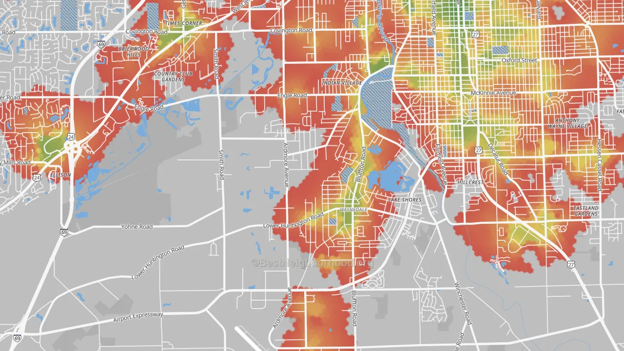 Walk Grade map of 46809, IN, walkable areas in green and car-dependent areas in red