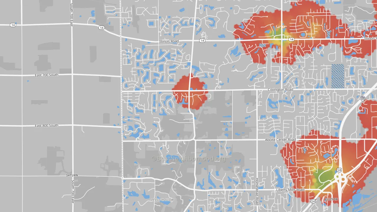 Walk Grade map of 46814, IN, walkable areas in green and car-dependent areas in red