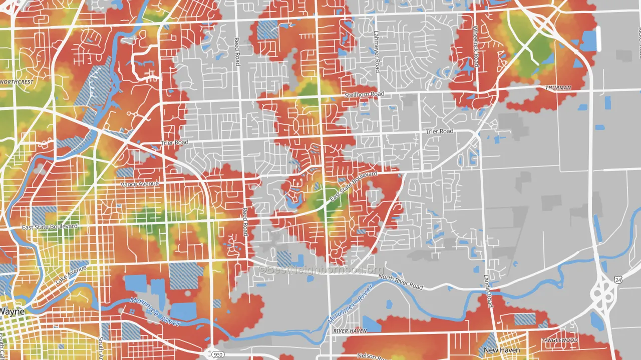 Walk Grade map of 46815, IN, walkable areas in green and car-dependent areas in red