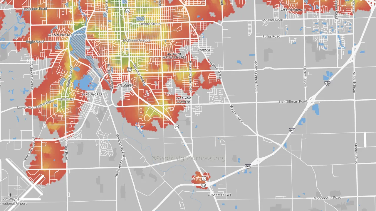 Walk Grade map of 46816, IN, walkable areas in green and car-dependent areas in red