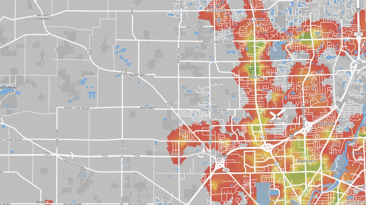 Walk Grade map of 46818, IN, walkable areas in green and car-dependent areas in red